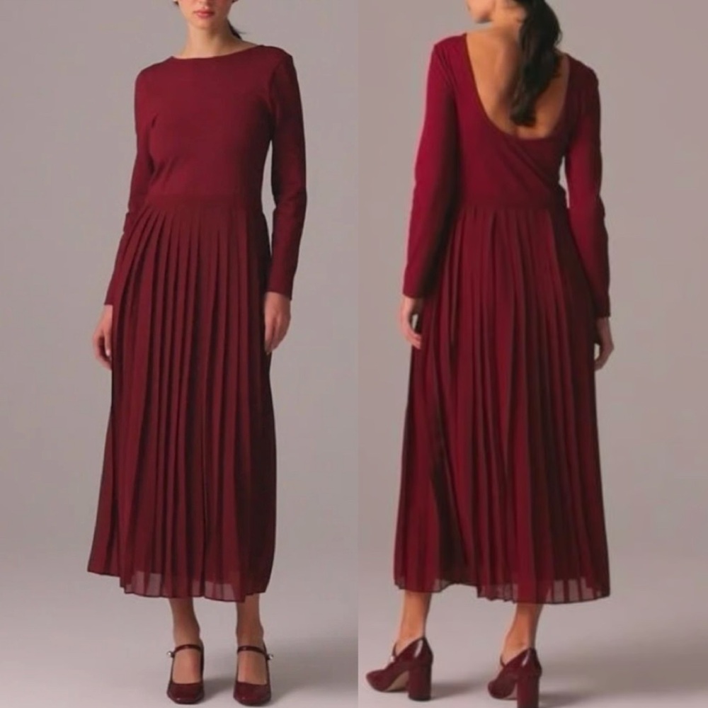 JCREW Ballet Mixed Media Pleated Maxi Dress In Stretch Cotton Burgundy NWT XS
